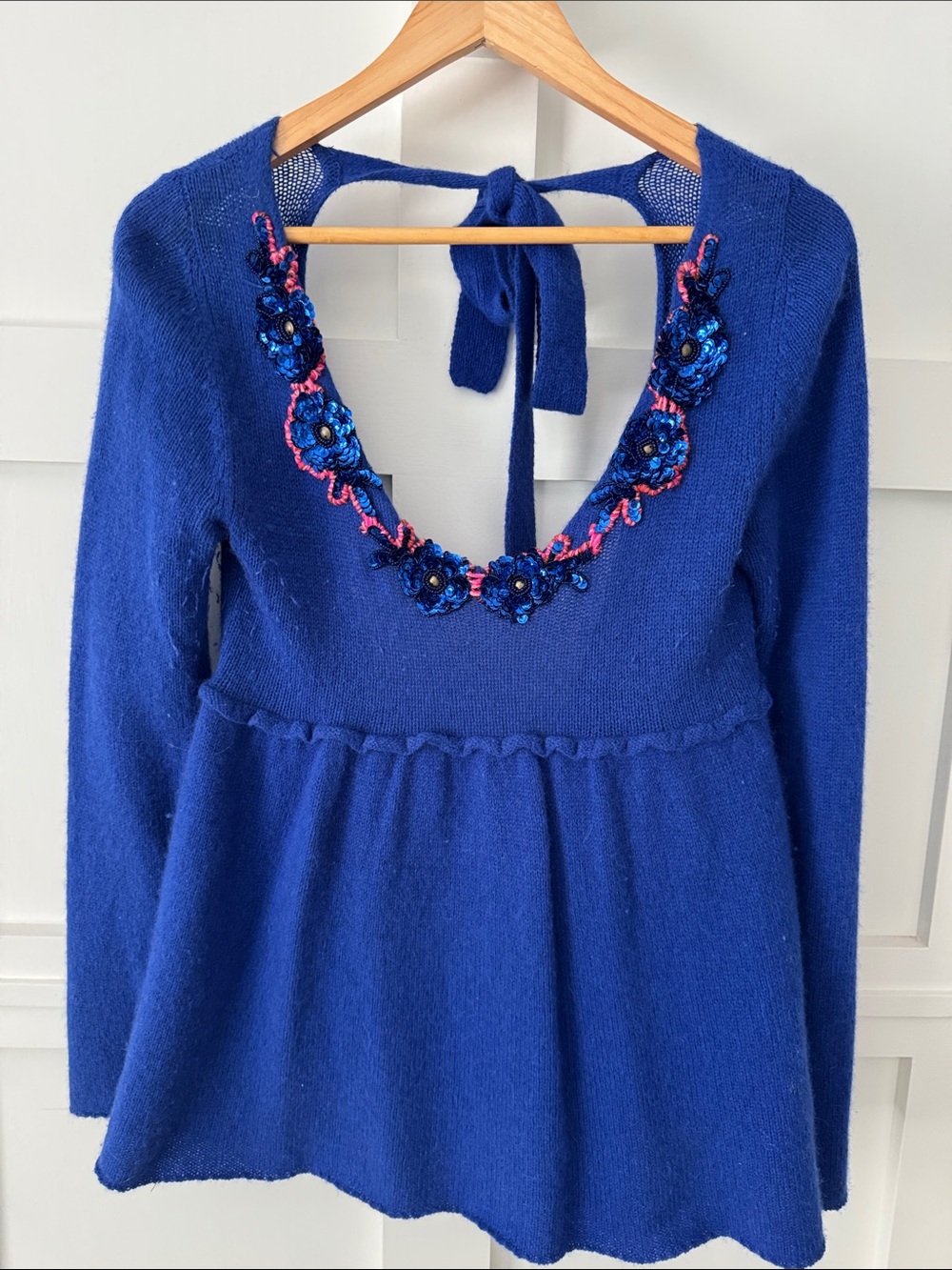 Free People Royal Blue Knit Sweater with Floral Sequin Trim